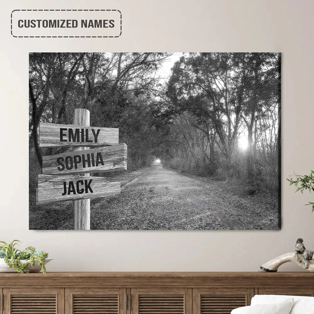 Personalized Family Street Sign Wall Art Canvas Multi-Names, Autumn Road Black And White Landscape Canvas Poster Decor - Image 2