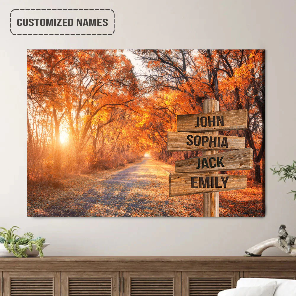 Personalized Family Street Sign Wall Art Canvas Multi-Names, Autumn Road Landscape Canvas Poster Home Decor