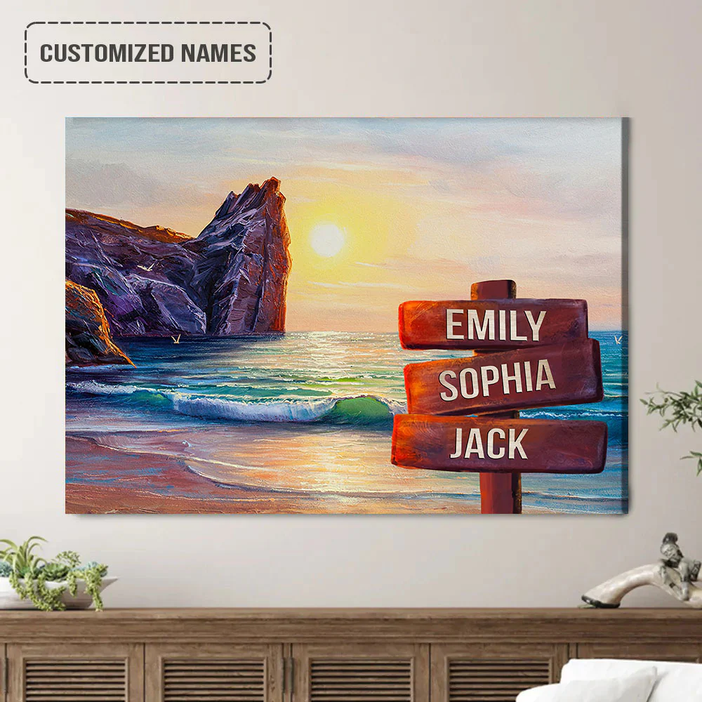 Personalized Family Street Sign Wall Art Canvas Multi-Names, Beach Oil Painting Landscape Canvas Poster Home Decor - Image 2