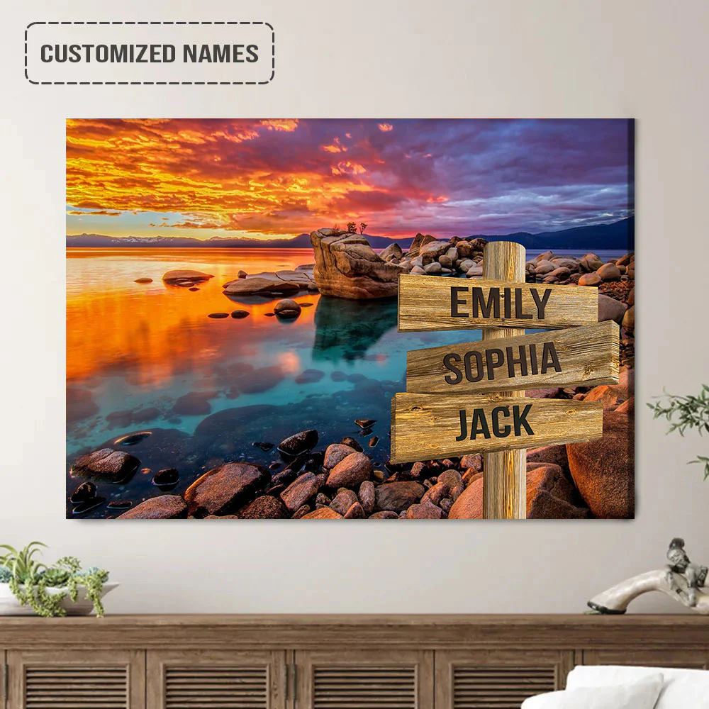 Personalized Family Street Sign Wall Art Canvas Multi-Names, Sunset On Beach Rock Landscape Canvas Poster Home Decor - Image 2
