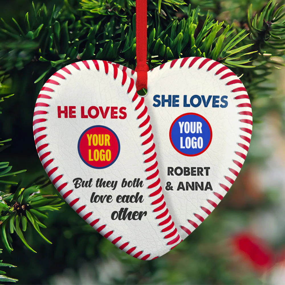 Personalized Gifts For Baseball Lovers Couple He Loves She Loves But They Both Love Each Other Ceramic Heart Ornament - Image 2
