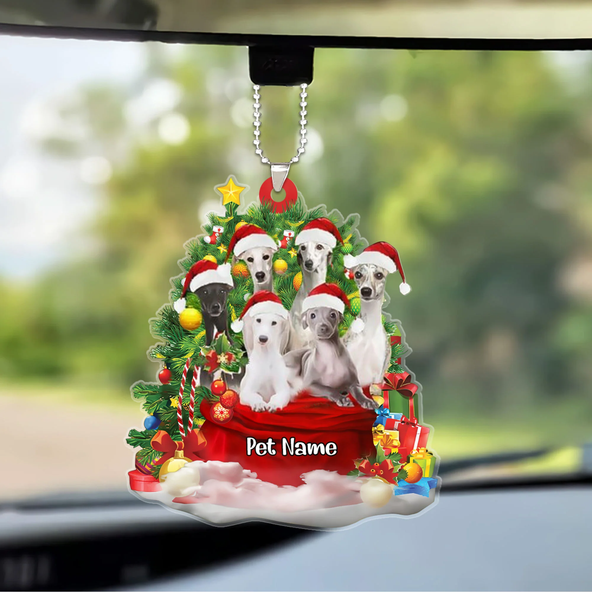 Personalized Greyhound Dogs In Red Gift Bag Christmas Car Ornament, Custom Name Christmas Gift For Dog Lovers, Dog Mom - Image 2