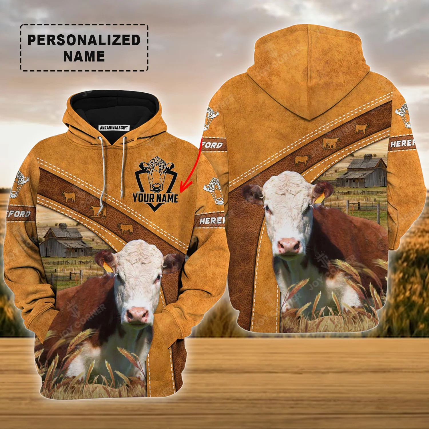 Personalized Hereford Cattle Hoodie, Leather Pattern Farm Hoodie For Friend, Family, Farmer, Hereford Cattle Lovers