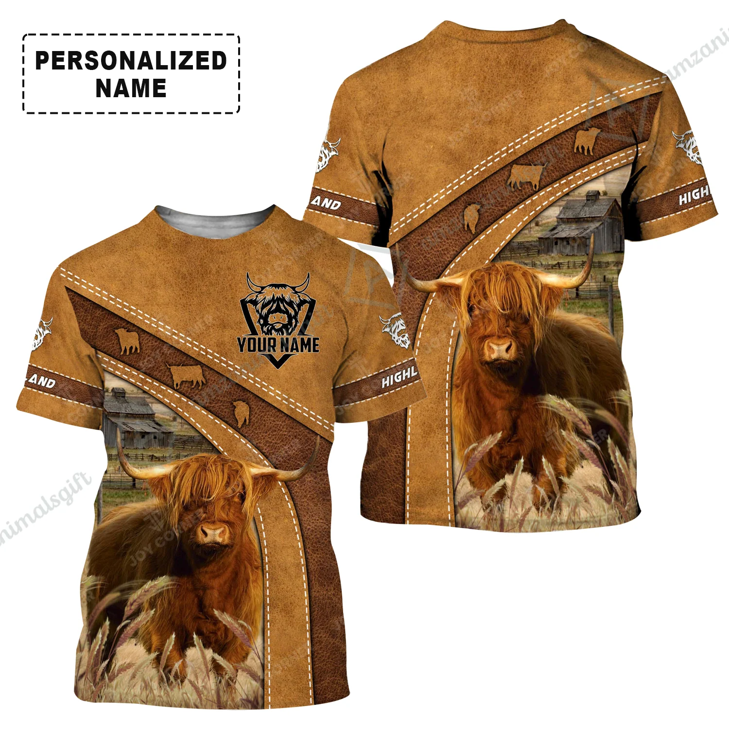 Personalized Highland Cattle T-Shirt, Highland Cattle On The Farm Leather Pattern Shirt For Friend, Family, Farmer, Highland Cattle Lovers - Image 2