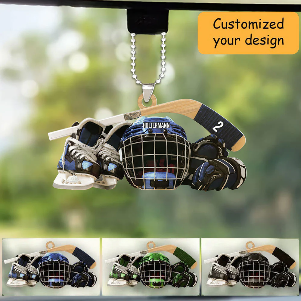 Personalized Hockey Skates Helmet And Stick Christmas Car Ornament - Gift For Hockey Lover - Image 2