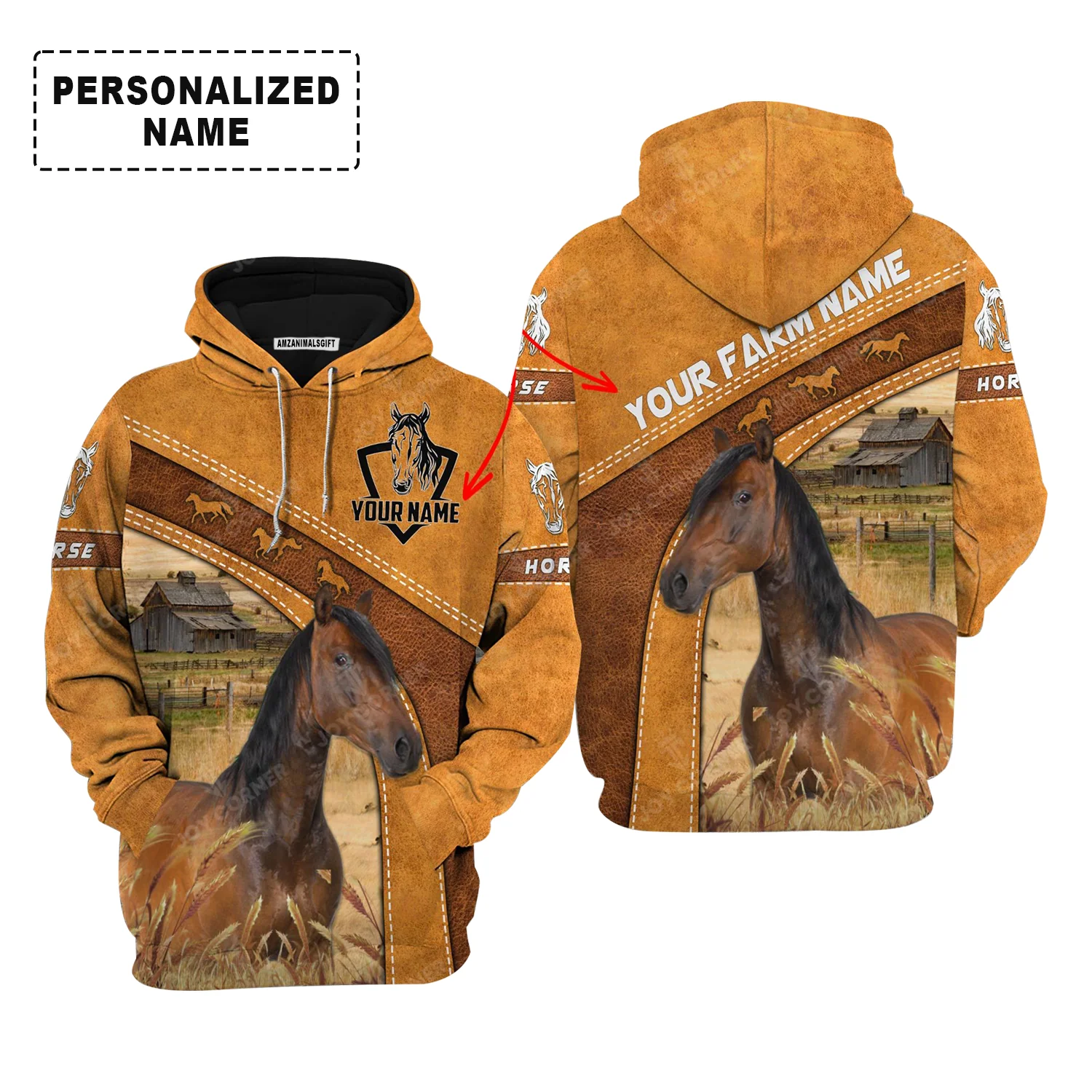 Personalized Horse Hoodie, Horse On The Farm Leather Pattern Custom Shirt For Friend, Family, Farmer, Horse Lovers - Image 2