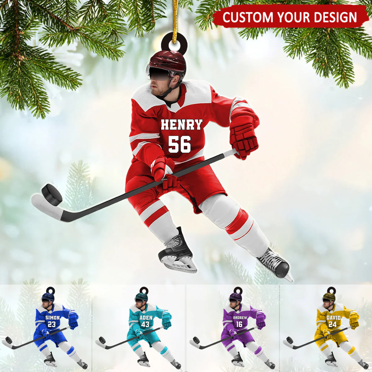 Personalized Ice Hockey Man Play With Ball Flat Acrylic Ornament, Ornament Gifts For Hockey Player, Family, Friends - Image 2
