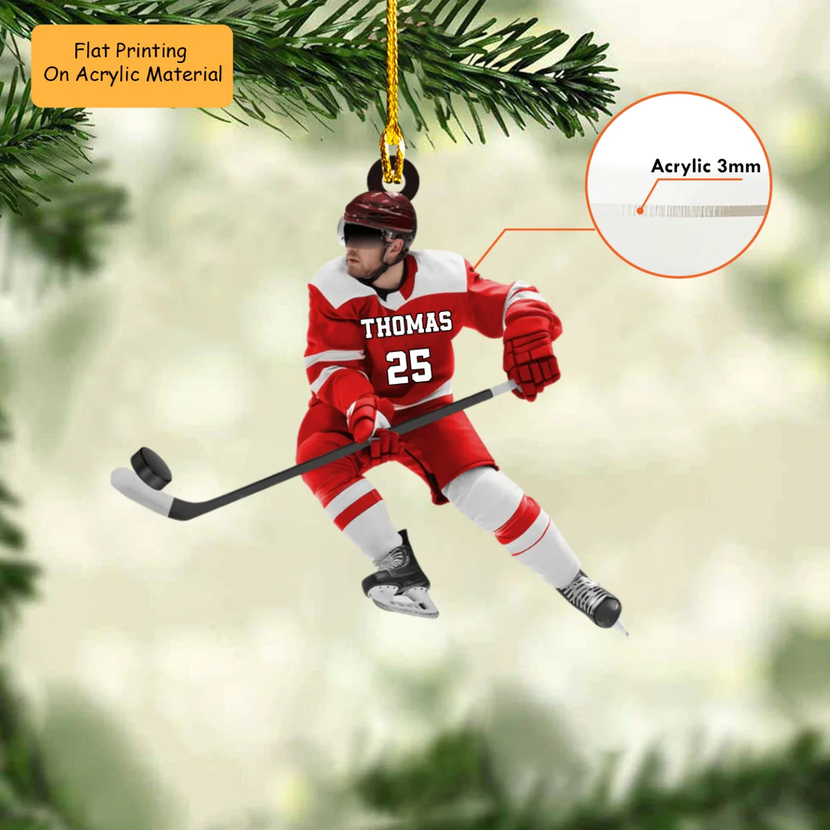 Personalized Ice Hockey Man Play With Ball Flat Acrylic Ornament, Ornament Gifts For Hockey Player, Family, Friends - Image 3
