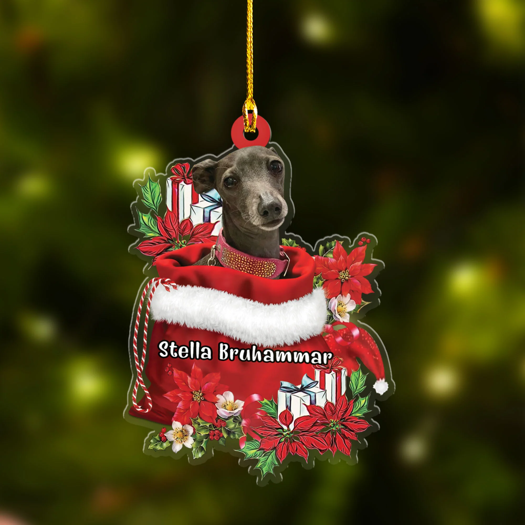 Personalized Italian Greyhound In Red Gift Bag Christmas Car Ornament, Custom Name Christmas Gift For Dog Lovers, Dog Mom - Image 4
