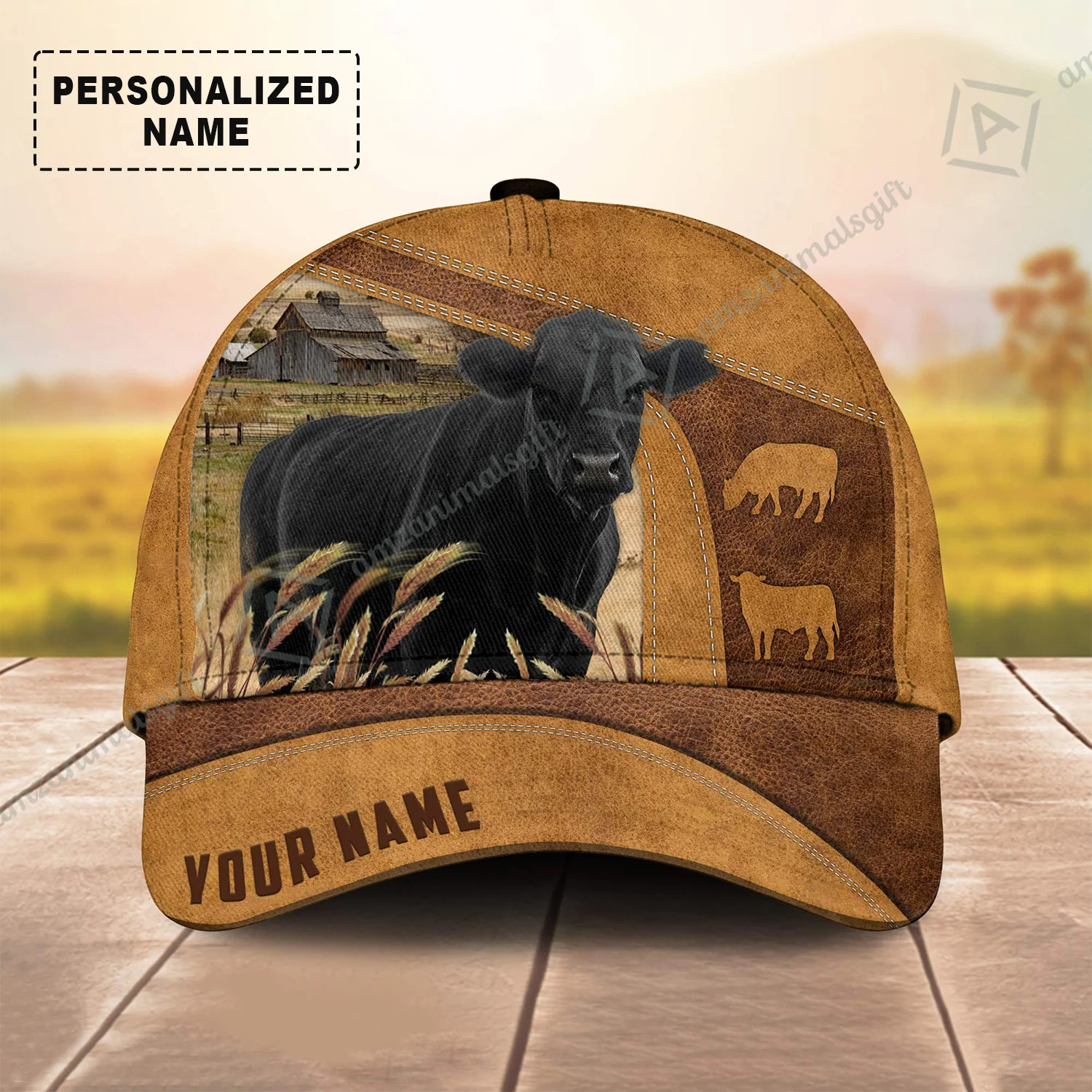 Personalized Name Black Angus Cap, Cattle Farm Brown Leather Pattern Custom Hats For Friend, Family, Farmers, Black Angus Lovers - Image 2