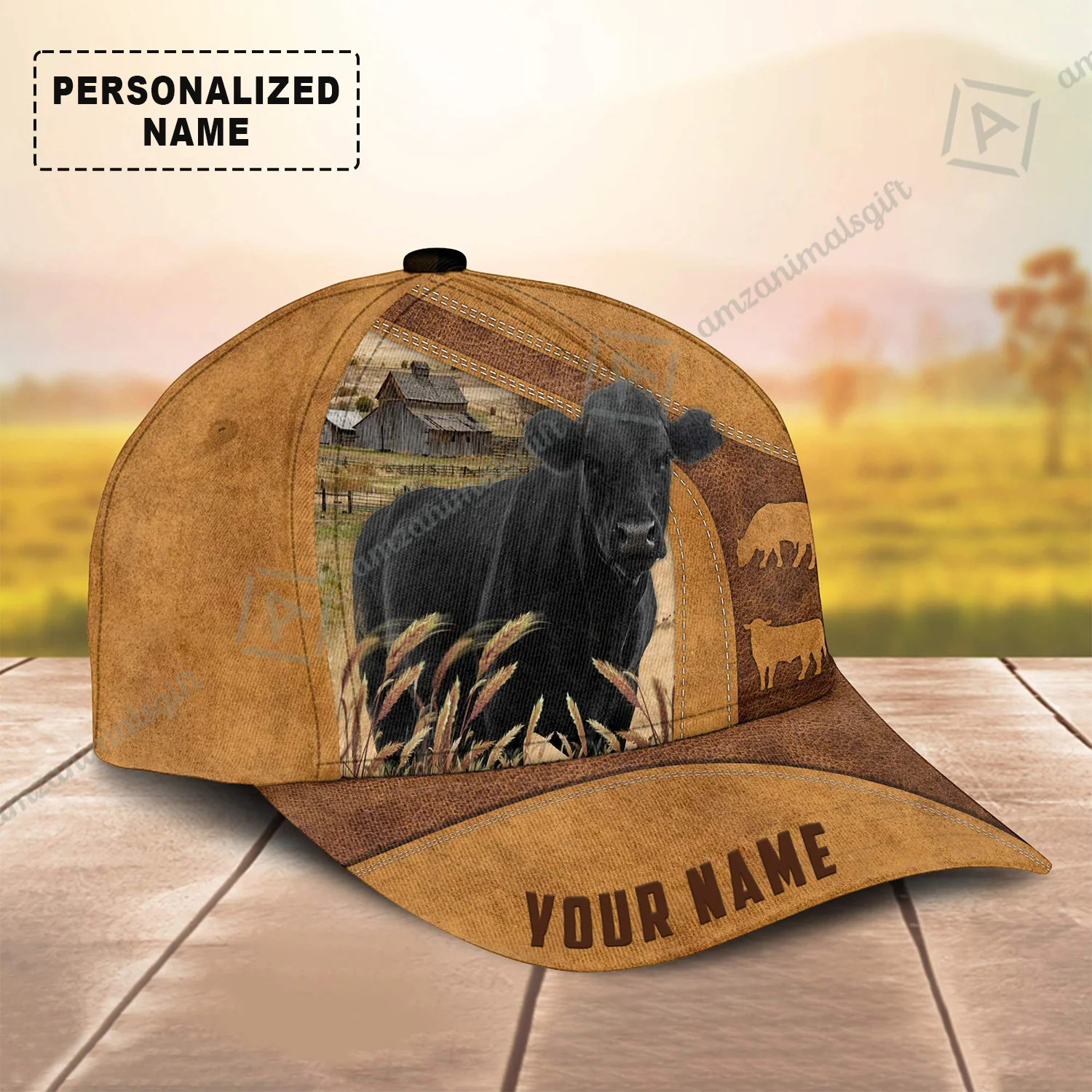 Personalized Name Black Angus Cap, Cattle Farm Brown Leather Pattern Custom Hats For Friend, Family, Farmers, Black Angus Lovers - Image 3