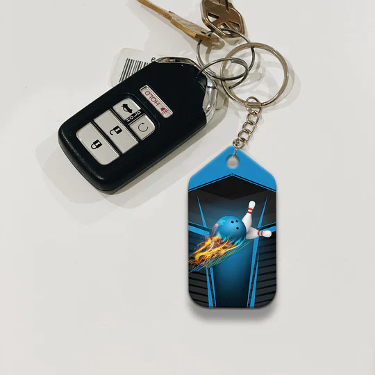 Personalized Name Blue Bowling Ball in Flames Breaks White Skittles Acrylic Keychain - Christmas Gift For Bowling Lovers, Bowling Team Players - Image 2
