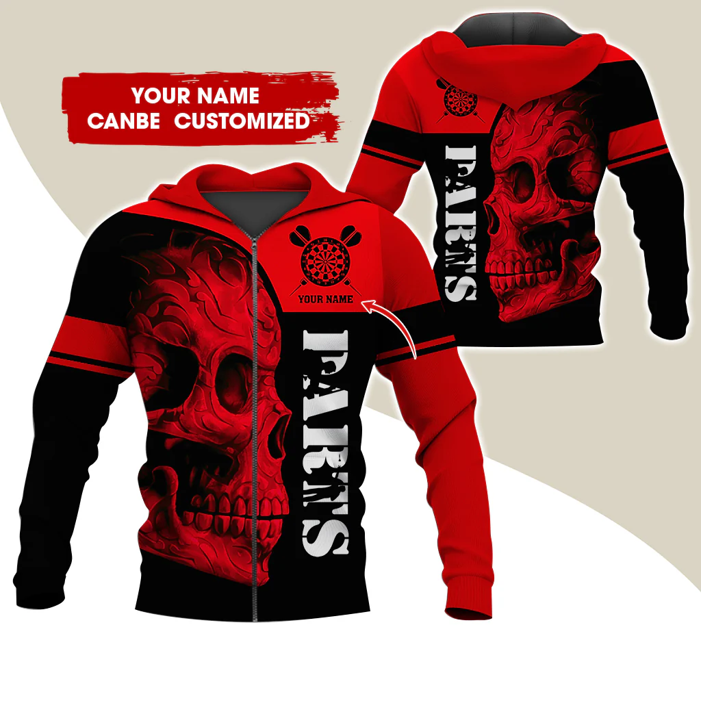 Personalized Name Darts Skull Premium Zip Hoodie, Customized Darts Team Zip Hoodie For Men & Women - Gift For Darts Lovers, Darts Players - Image 2