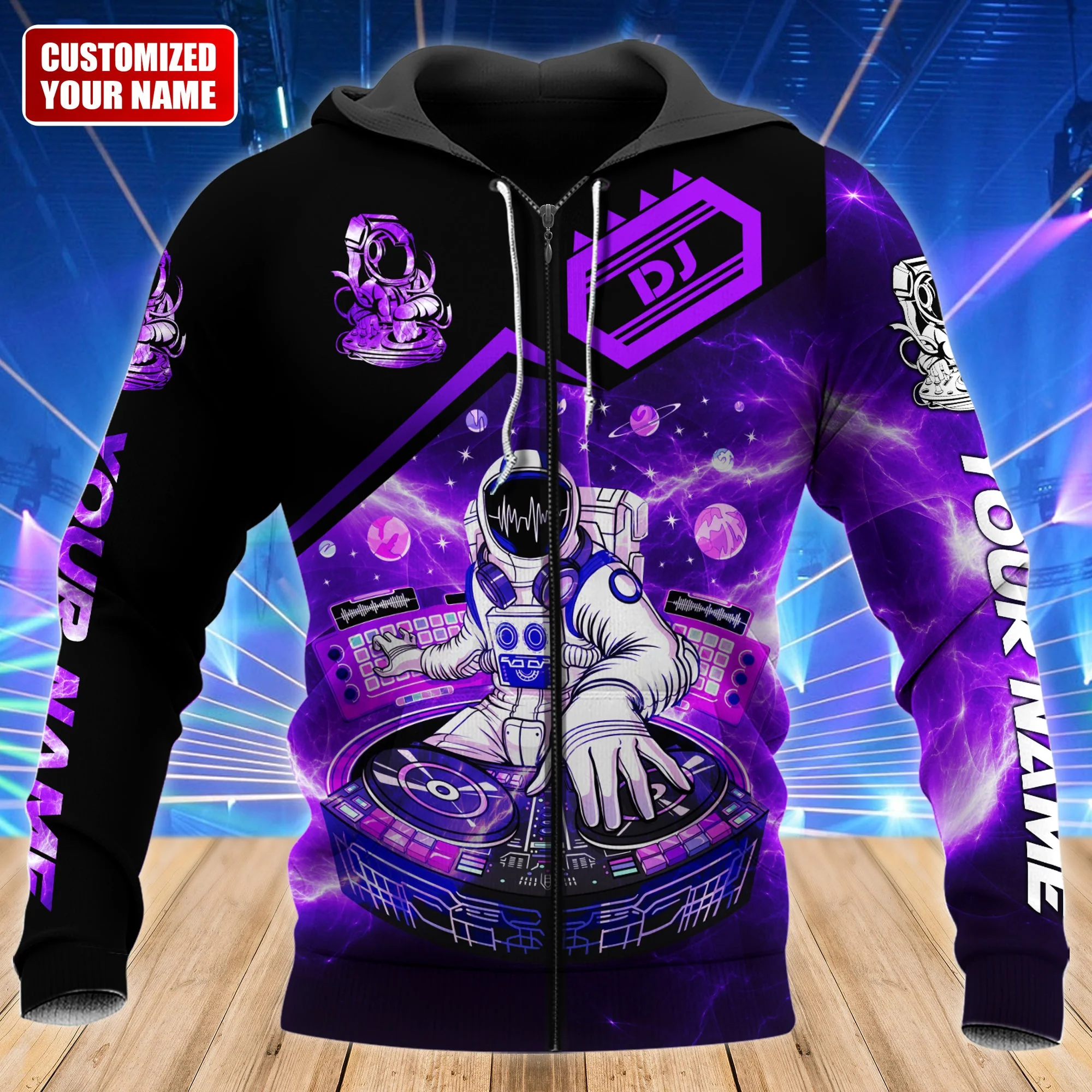 Personalized Name Disc Jockey Hoodie - Custom Name DJ Hoodie, DJ Astronaut Purple Hoodie, Perfect DJ Hoodie for Men & Women - Image 2