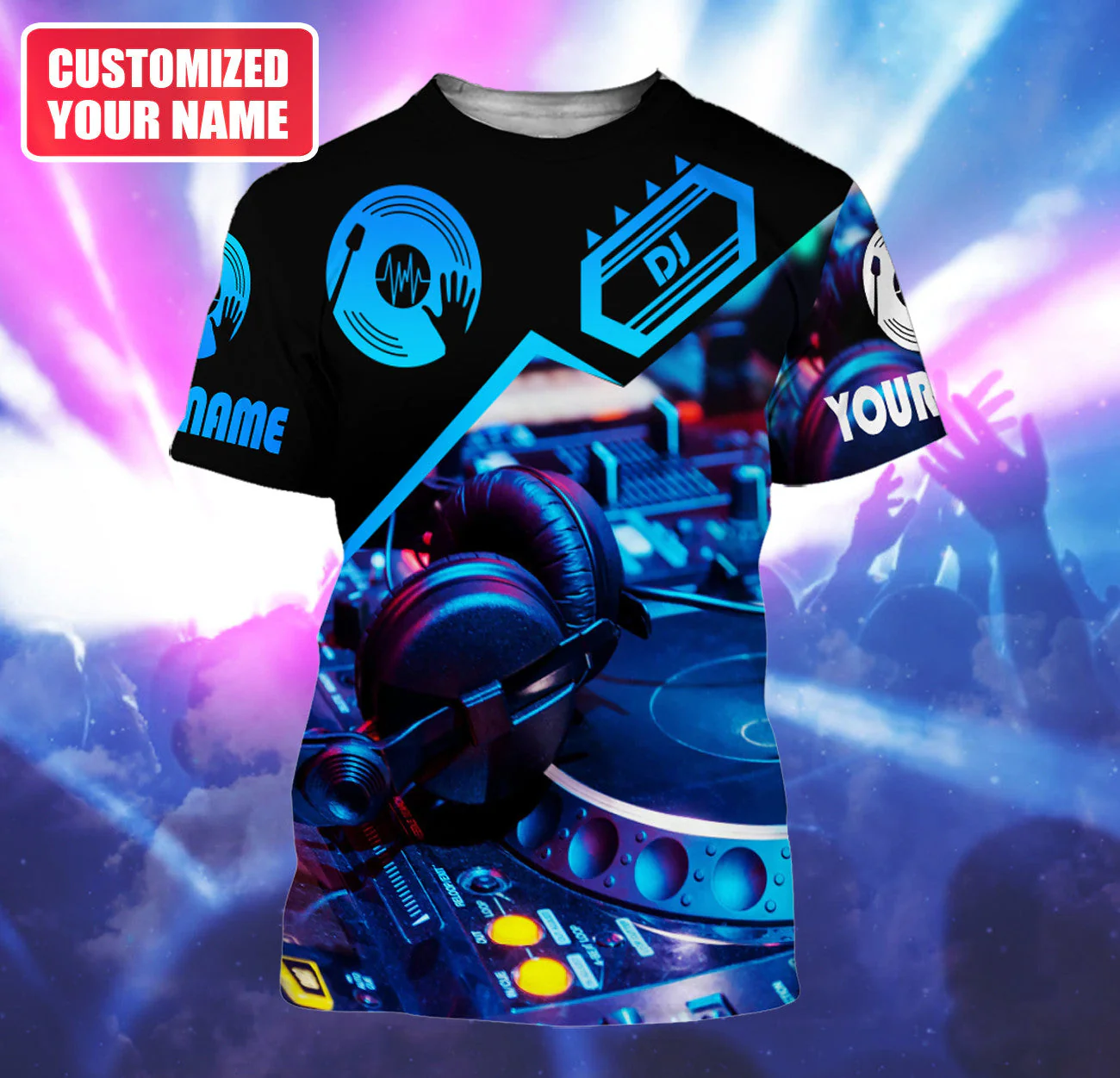 Personalized Name DJ Shirts - Custom Name Disc Jockey Shirts, Black & Blue Modern Music Disc Shirts, Perfect DJ Shirts for Men, Friends, Family