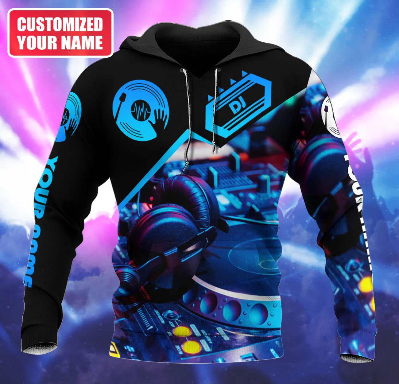 Personalized Name DJ Shirts - Custom Name Disc Jockey Shirts, Black & Blue Modern Music Disc Shirts, Perfect DJ Shirts for Men, Friends, Family - Image 2