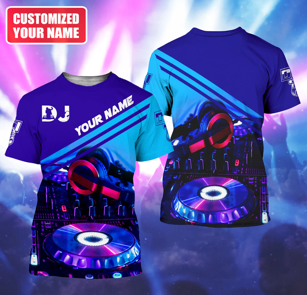 Personalized Name DJ Shirts - Custom Name Disc Jockey Shirts, Modern Music Disc Blue Neon Shirts, Perfect DJ Shirts for Men, Friends, Family - Image 3