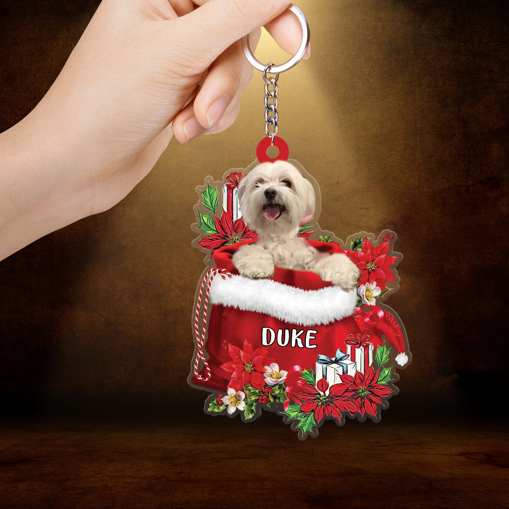 Personalized Name Maltese In Red Gift Bag Christmas Acrylic Keychain, Custom Christmas Gift For Dog Lovers, Dog Mom - Image 2