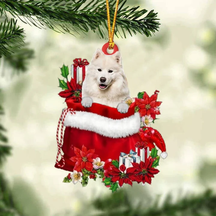 Personalized Name Samoyed In Red Gift Bag Acrylic Christmas Ornament, Custom Christmas Gift For Dog Lovers, Dog Mom - Image 2