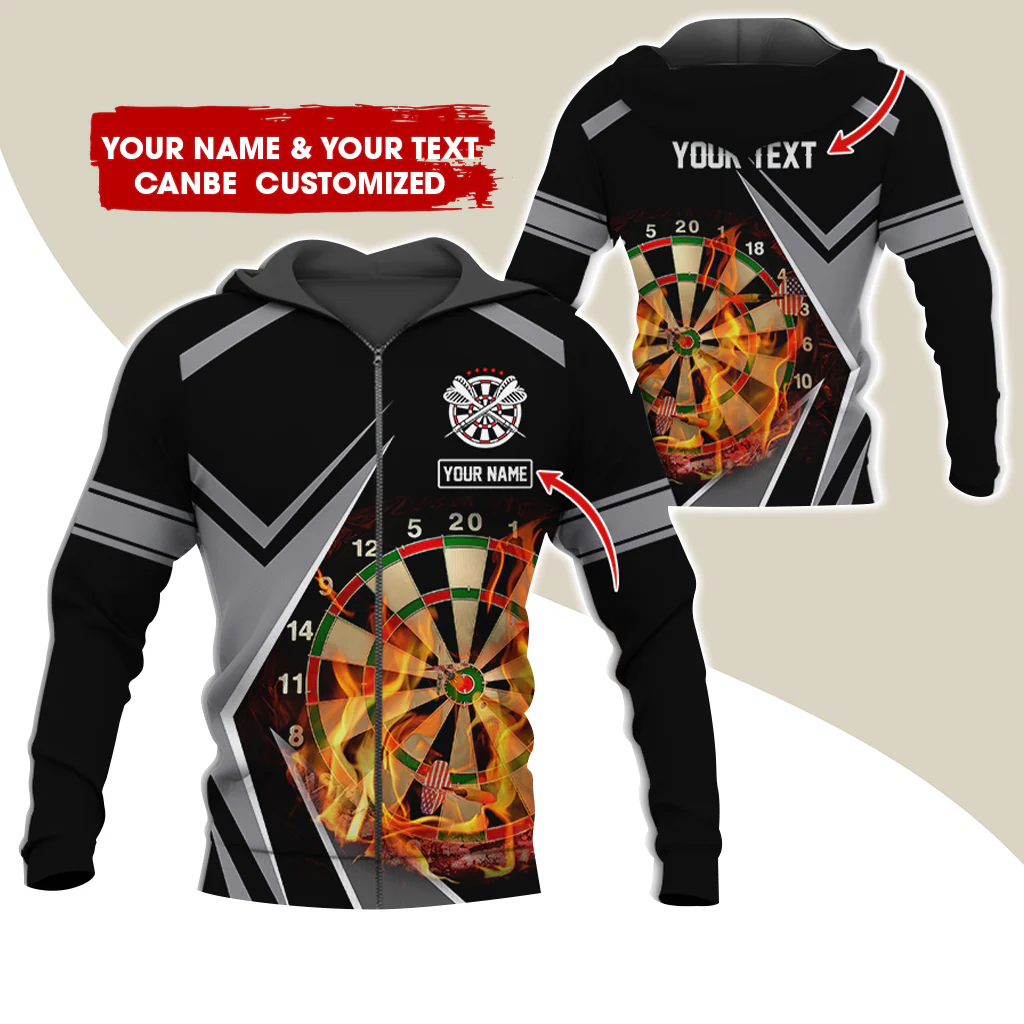 Personalized Name & Text Darts Premium Zip Hoodie , Customized Dartboard Flame Zip Hoodie For Men & Women - Gift For Darts Lovers, Darts Players - Image 5