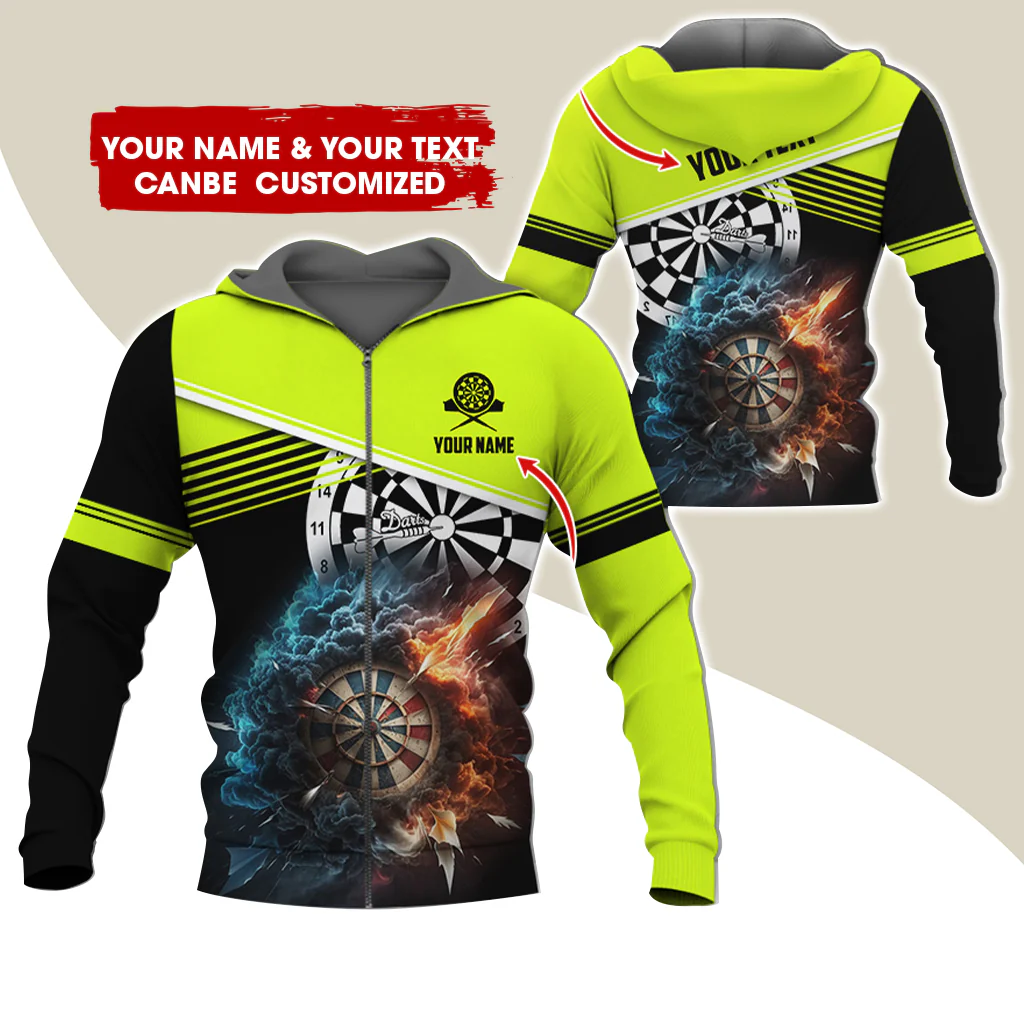 Personalized Name & Text Darts Premium Zip Hoodie, Customized Name Cloudy Fire Darts Zip Hoodie For Men & Women - Gift For Darts Lovers, Darts Players - Image 6