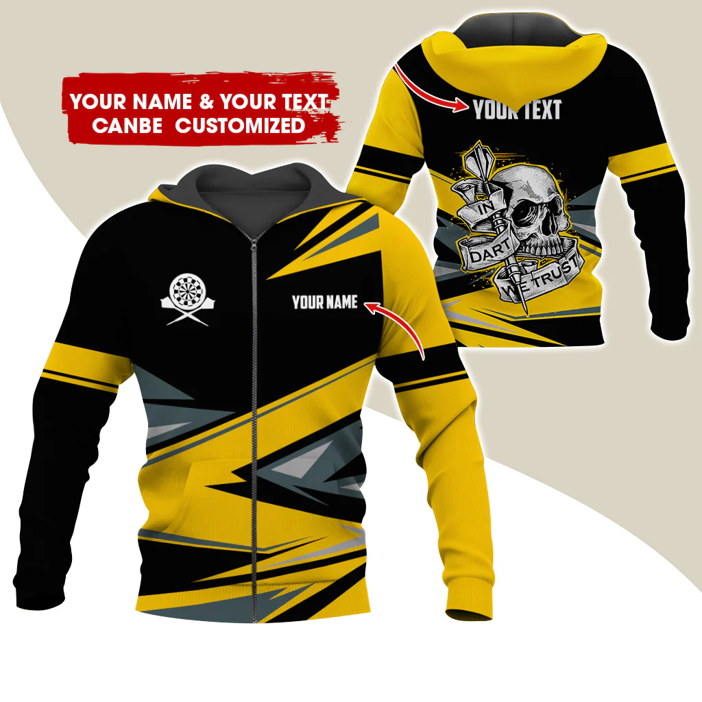 Personalized Name & Text Darts Premium Zip Hoodie, Customized Name Skull In Darts Zip Hoodie For Men & Women - Gift For Darts Lovers, Darts Players - Image 3