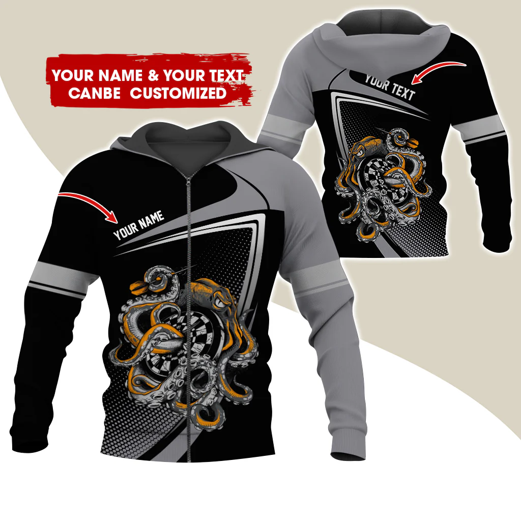 Personalized Name & Text Octopus Darts Premium Zip Hoodie, Custom Name Darts Zip Hoodie For Men & Women - Gift For Darts Lovers, Darts Players - Image 2