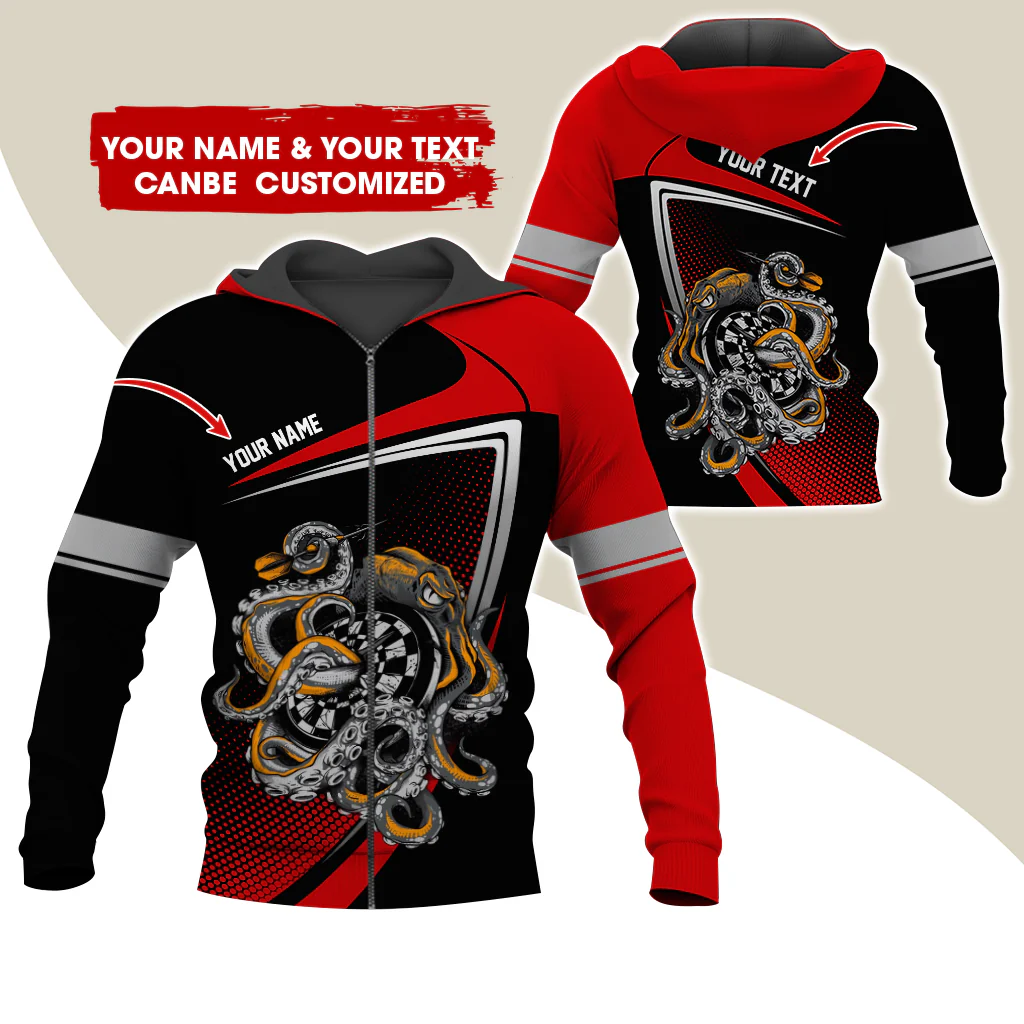 Personalized Name & Text Octopus Darts Premium Zip Hoodie, Custom Name Darts Zip Hoodie For Men & Women - Gift For Darts Lovers, Darts Players - Image 4