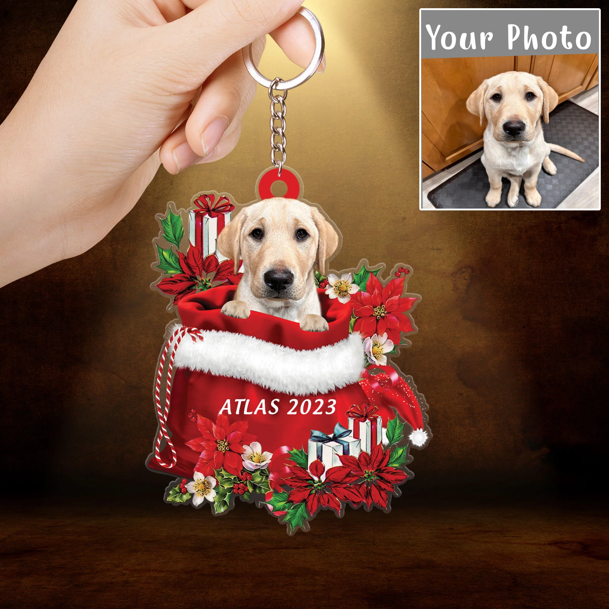 Personalized Name Yellow Labrador In Red Gift Bag Christmas Acrylic Keychain, Customized Christmas Gift For Dog Lovers, Dog Mom - Image 2