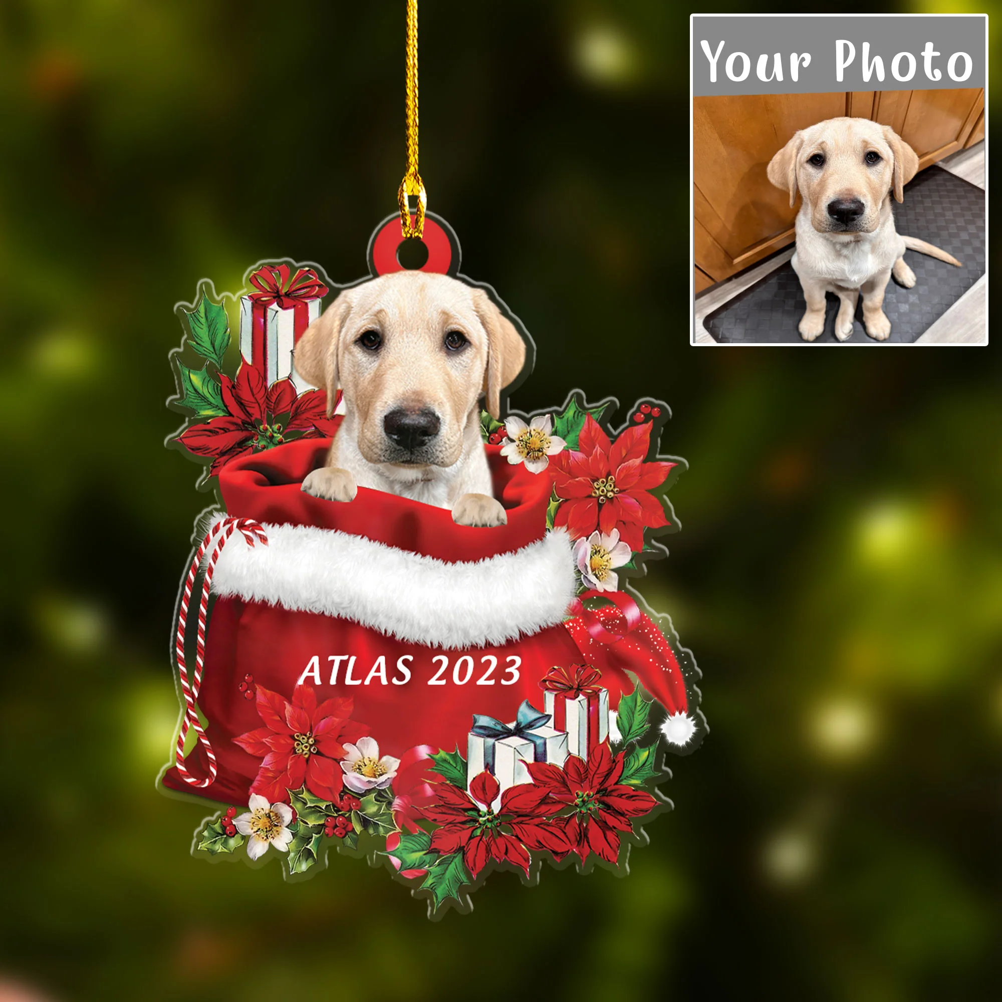 Personalized Name Yellow Labrador In Red Gift Bag Acrylic Christmas Ornament, Customized Christmas Gift For Dog Lovers, Dog Mom - Image 2