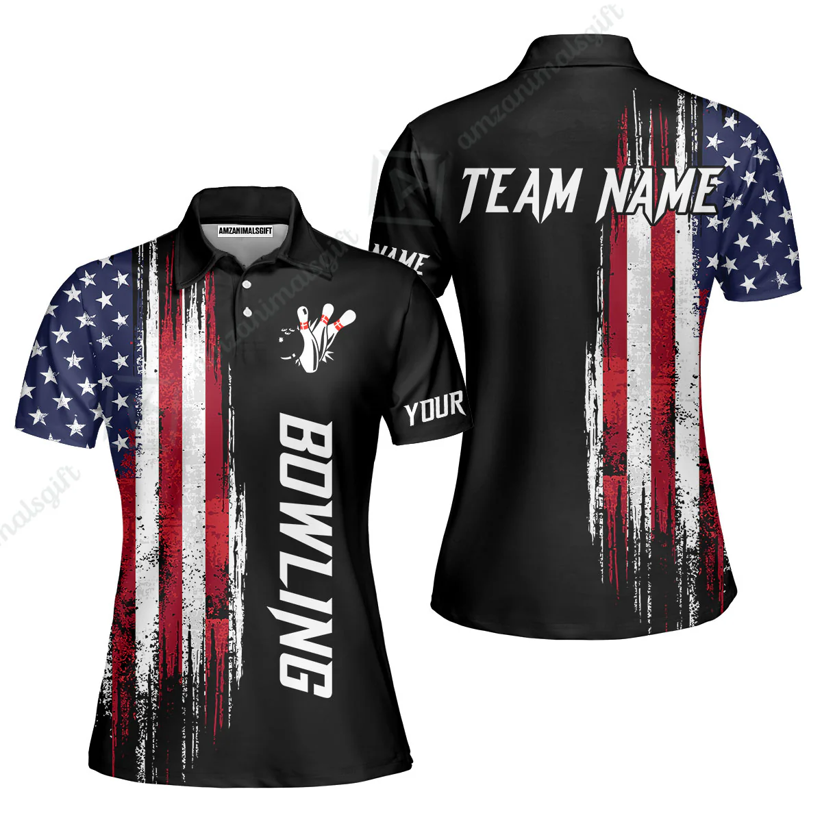 Personalized Polo American Flag Bowling Black Shirt, Bowling Jersey Shirt For Tournament Team Men Women Bowlers - Image 3
