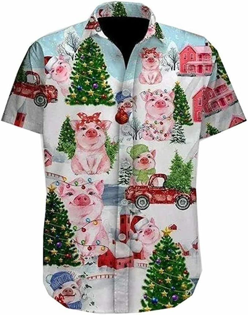 Pig Aloha Hawaiian Shirt - Pig Girl Pine Tree Snowflakes Hawaiian Shirt, Red Car Winter Merry Christmas Hawaiian Shirt For Men & Women, Pig Lover