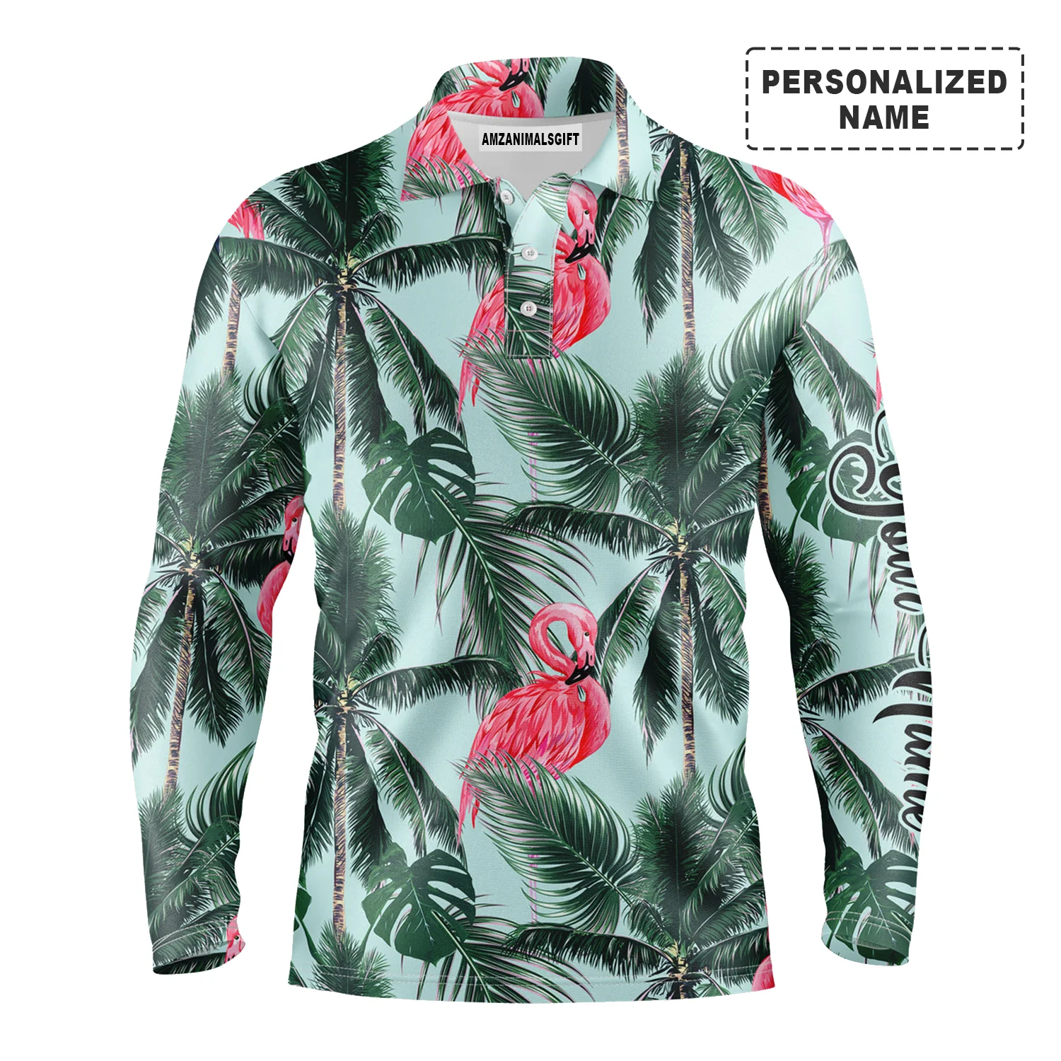 Pink Flamingo Tropical Palm Leaves Long Sleeve Polo Shirt Custom Name Men Apparel, Personalized Outfit For Flamingo Lovers, Men And Women - Image 2