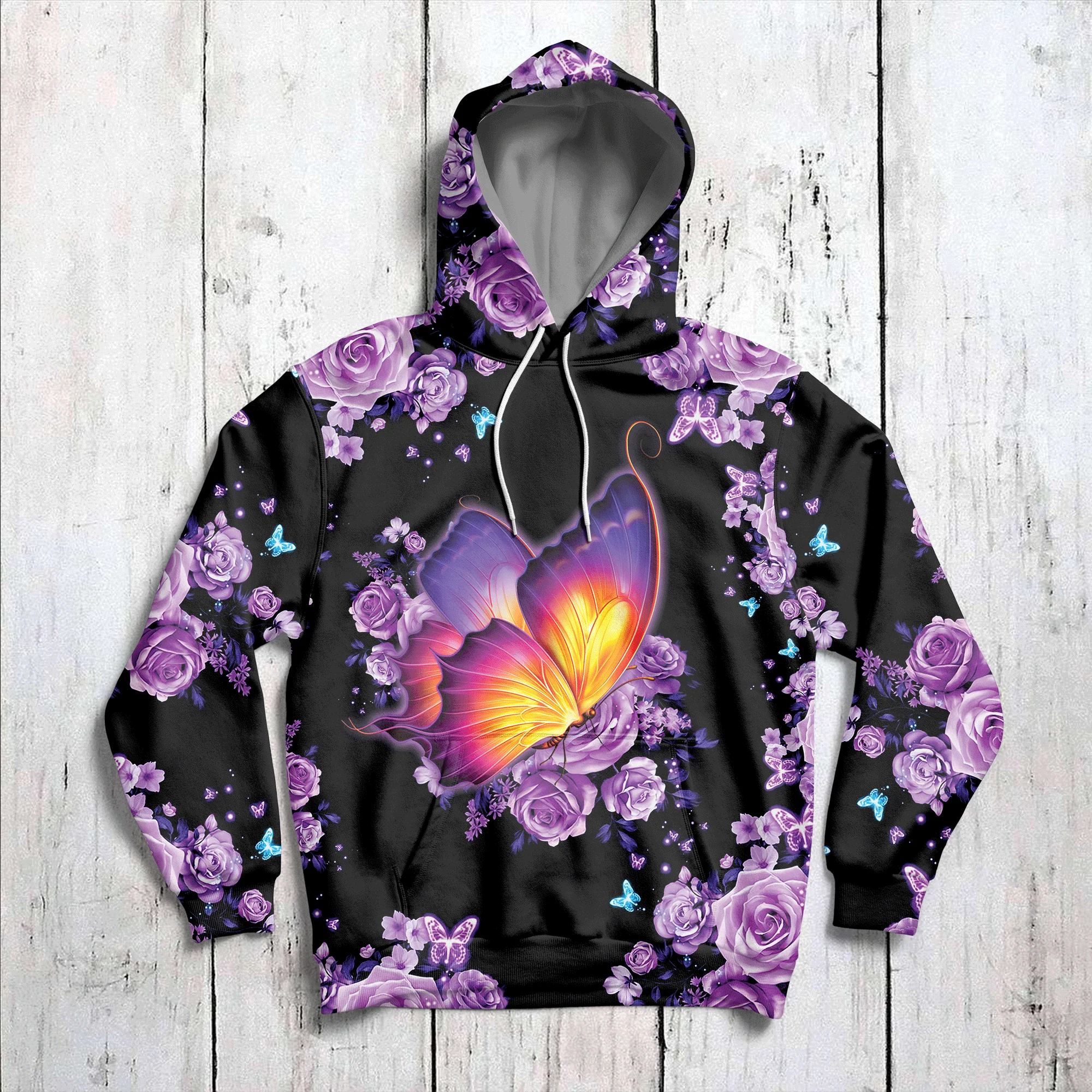 Pink Flower Butterfly Pullover Premium Hoodie, Perfect Outfit For Men And Women On Christmas New Year Autumn Winter - Image 3