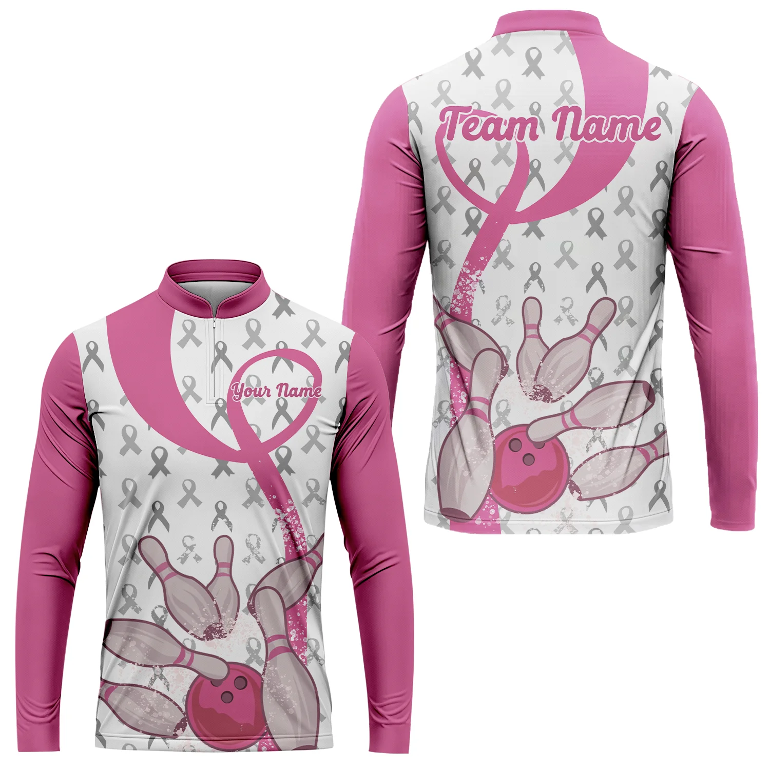 Pink Ribbon Breast Cancer Custom Bowling Team Polo Shirts, Pink Ribbon Bowling Team Uniforms Jerseys Personalized Name And Team Name - Image 7