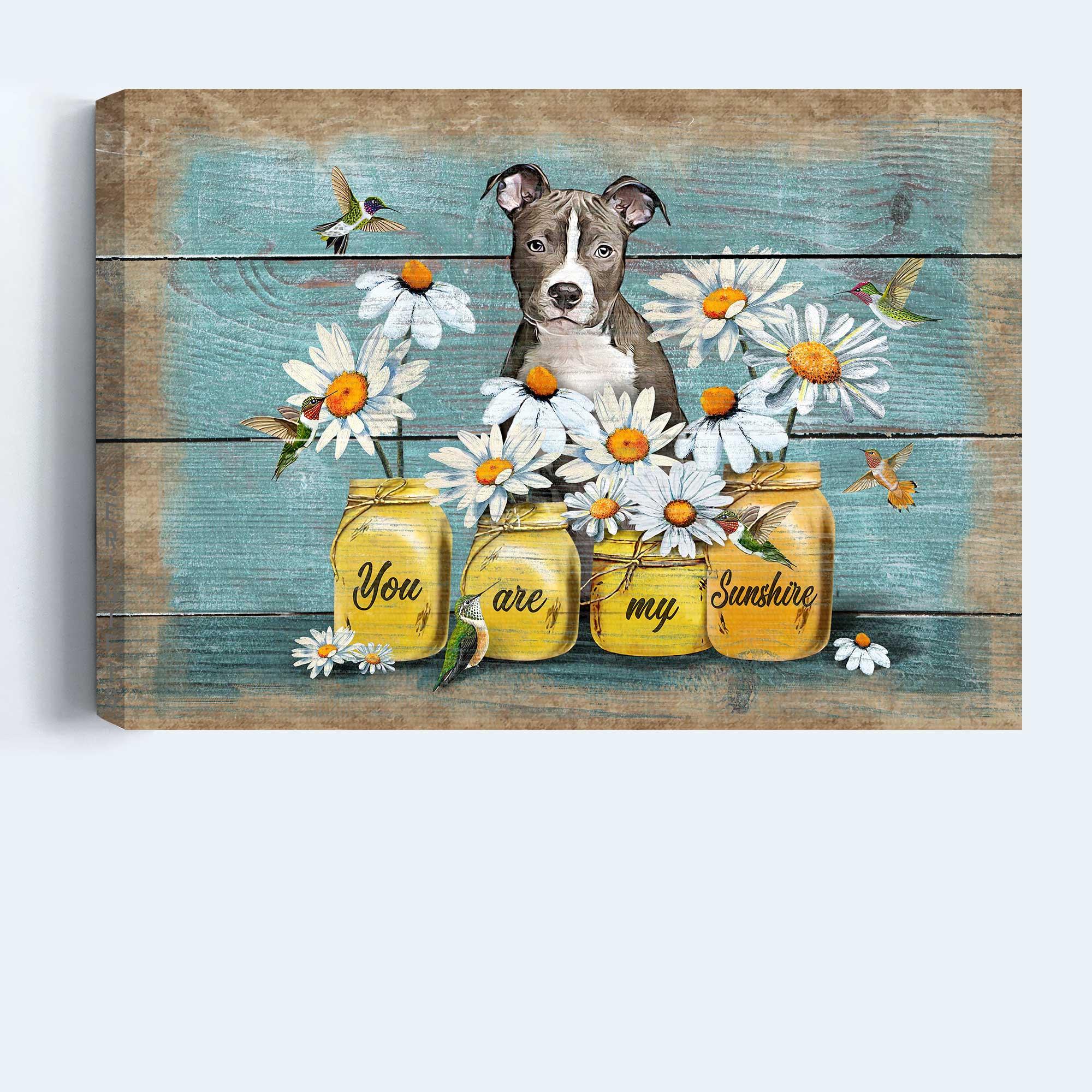 Pit Bull Premium Wrapped Landscape Canvas - Pitt Bull Painting, Daisy Flowers, Hummingbird, You Are My Sunshine - Gift For Pitt Bull Lovers