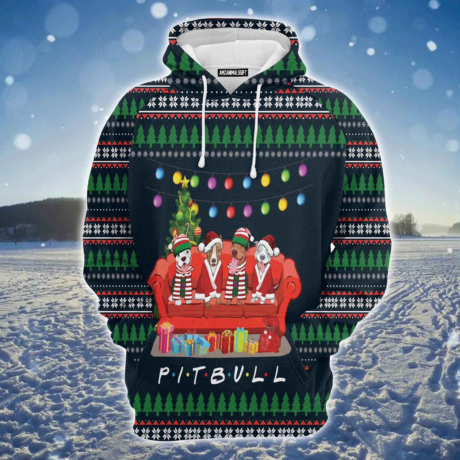Pit Bull Xmas Premium Christmas Hoodie, Pit Bull Friends On Red Sofa Unisex Hoodie For Men & Women - Perfect Gift For Christmas, Pit Bull Lovers - Image 2