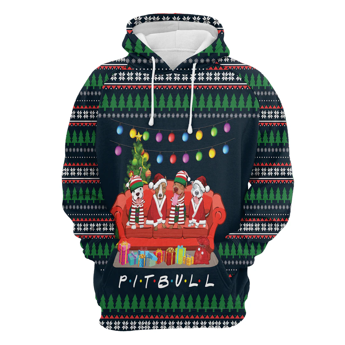 Pit Bull Xmas Premium Christmas Hoodie, Pit Bull Friends On Red Sofa Unisex Hoodie For Men & Women - Perfect Gift For Christmas, Pit Bull Lovers - Image 3