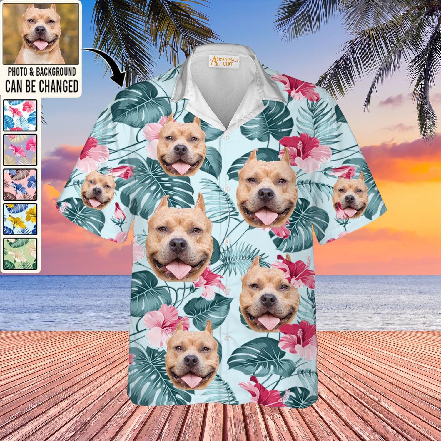 Pitbull Face Custom Aloha Hawaii Shirt - Dog Custom Photo With Tropical Pattern Personalized Hawaiian Shirt - Perfect Gift For Dog Lovers, Friend, Family