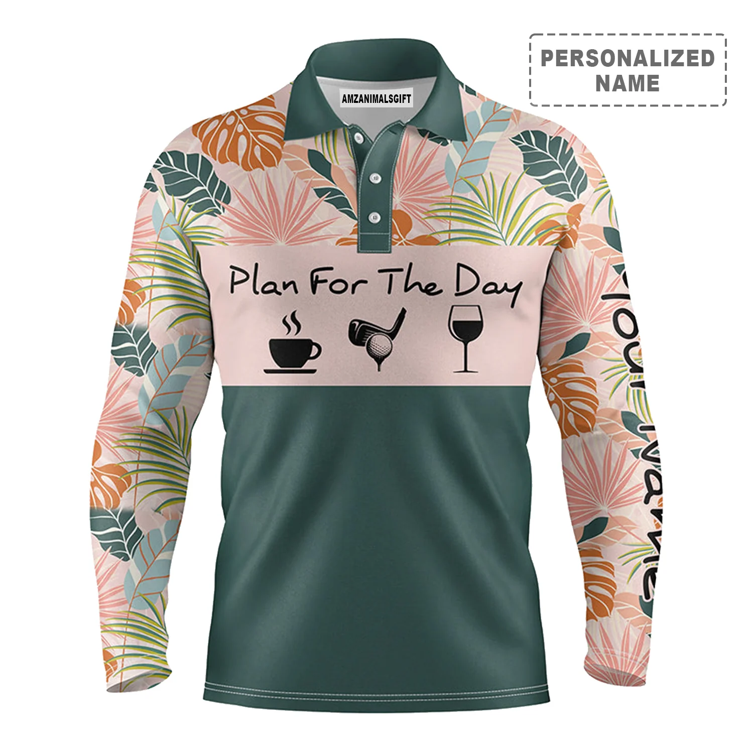 Plan Golf Coffee Wine Tropical Leaves Pattern Long Sleeve Polo Shirt Customized Name For Men, Personalized Golf Outfit For Golfers, Team - Image 2