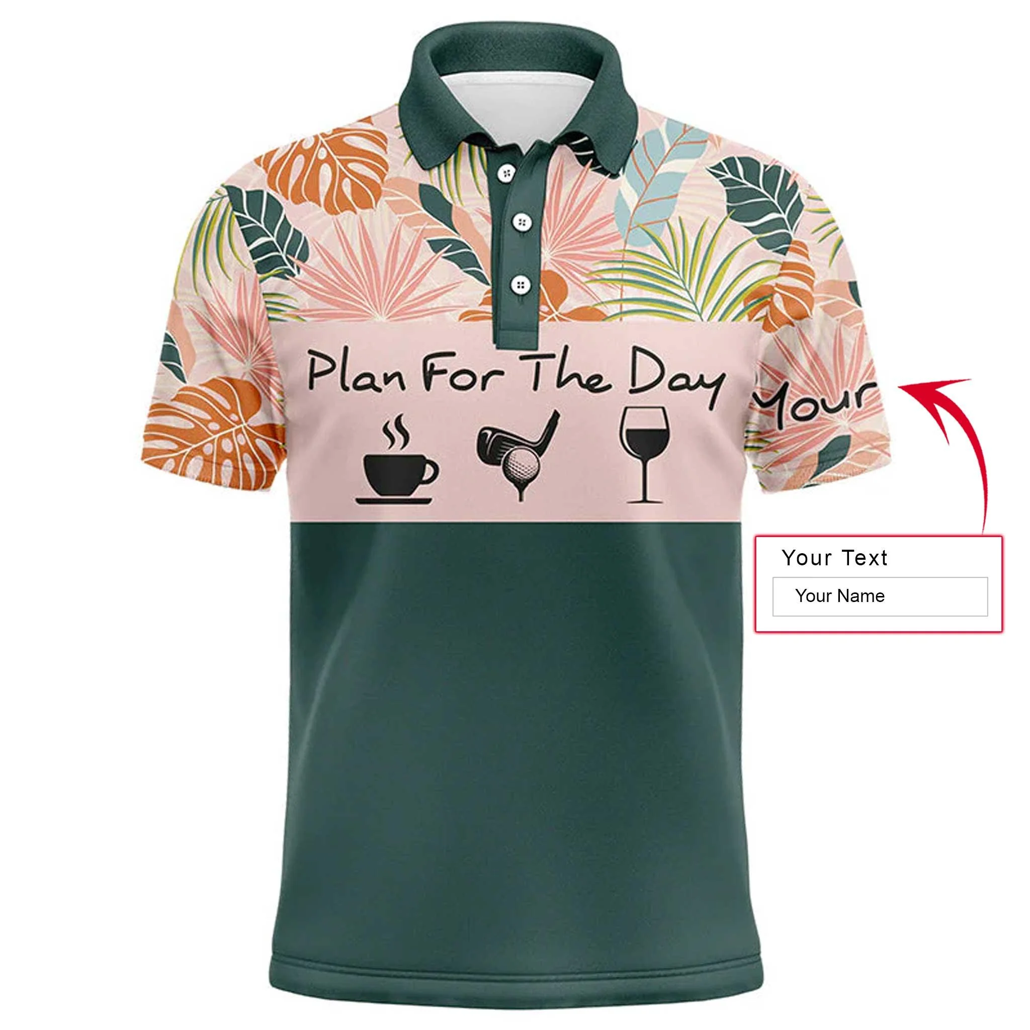 Plan Golf Coffee Wine Tropical Leaves Pattern Long Sleeve Polo Shirt Customized Name For Men, Personalized Golf Outfit For Golfers, Team - Image 3