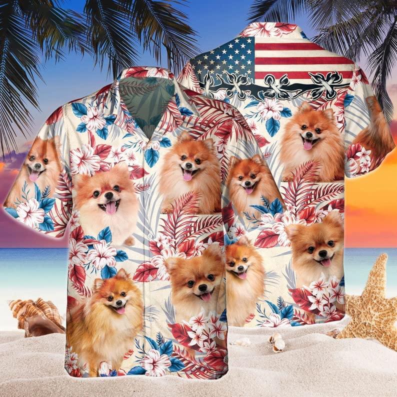 Pomeranian Aloha Hawaiian Shirts For Summer, Pomeranian Dog Independence Day USA Flag Hawaiian Shirt For Men Women, 4th of July Gift For Dog Lovers