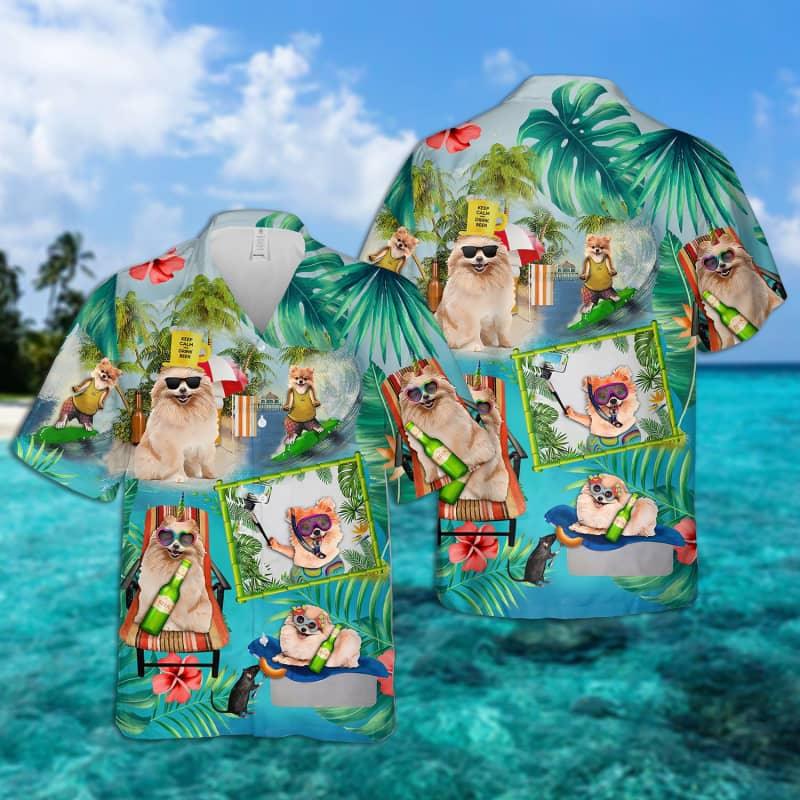 Pomeranian Hawaiian Shirt, Pomeranian Surfing On Beach Hawaiian Shirt For Men - Perfect Gift For Pomeranian Lover, Husband, Boyfriend, Friend, Family