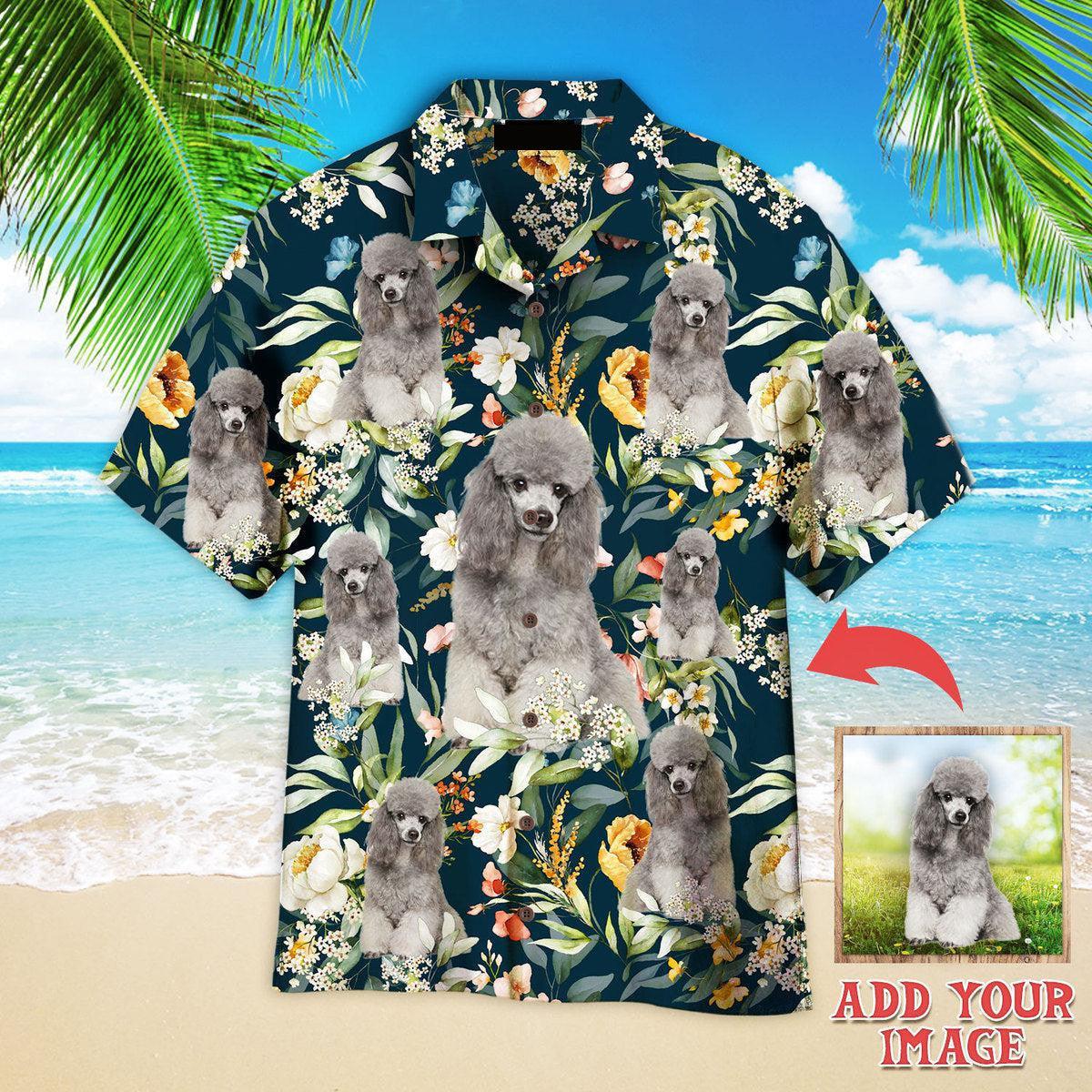 Portrait Of Gray Poodle On Floral Flowers Custom Hawaiian Shirt, Personalized Hawaiian Shirts, Custom Photo Hawaiian Shirt