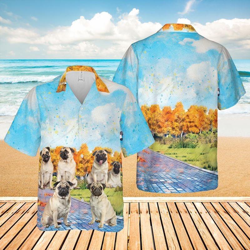 Pug Dog Hawaiian Shirt - Pug Dog Autumn Forest Hawaiian Shirt, Autumn Leaves Forest Hawaiian Shirt For Men & Women, Pug Lover - Image 2