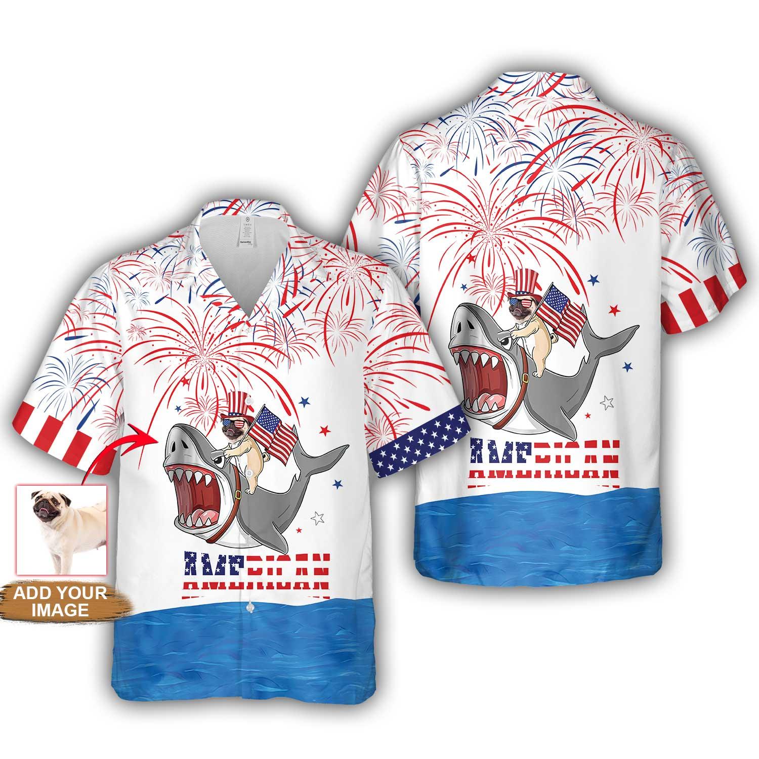 Pug Hawaiian Shirt Custom Photo For 4th Of July , Puppy Riding Shark With American Flag Firework Personalized Hawaiian Shirt - Gift for Independence Day - Image 2