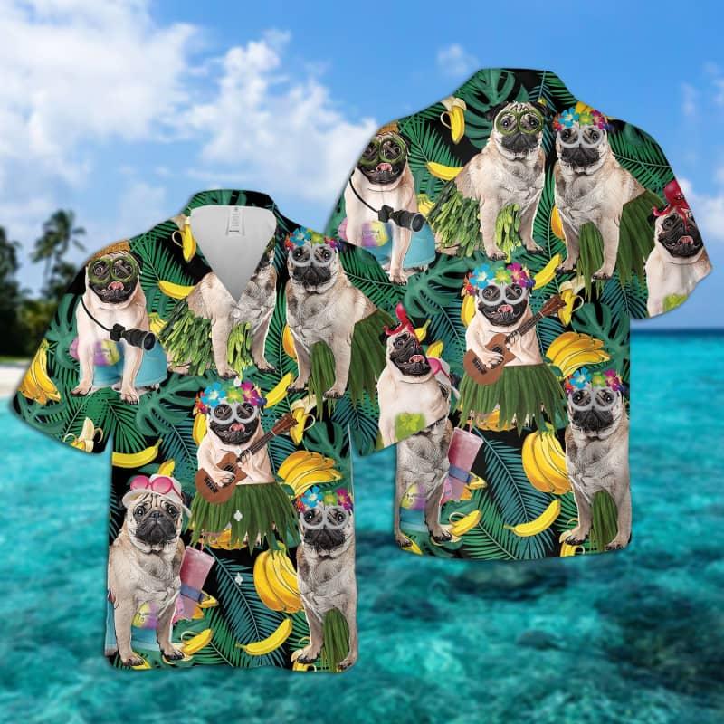 Pug Hawaiian Shirt, Tropical Summer Leaves Hawaiian Shirt For Men - Perfect Gift For Pug Lovers, Husband, Boyfriend, Friend, Family
