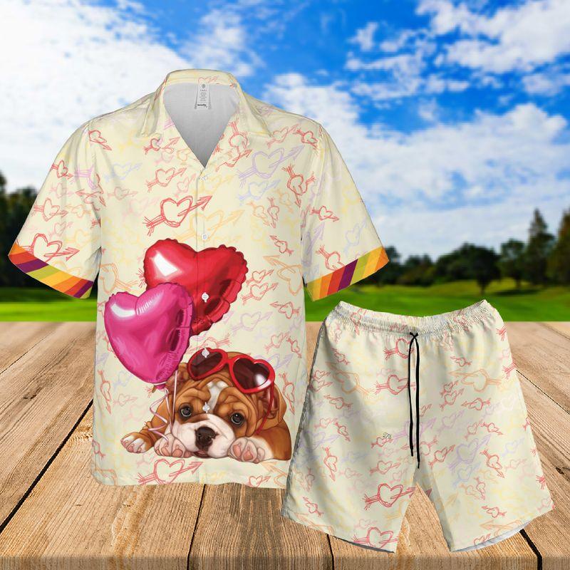 Pug Puppy Aloha Hawaiian Shirts For Summer, Heart Doodle Pattern Hawaiian Set For Men Women, Valentine Gift For Couple, Dog Lovers, Dog Mom Dad