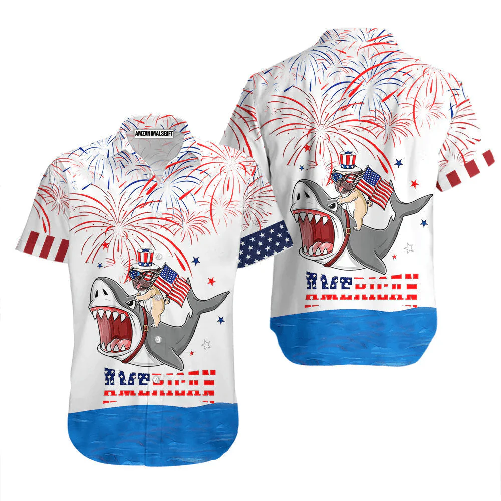 Pug Puppy Riding Shark With American Flag Firework Aloha Hawaiian Shirts For Men Women, 4th Of July Gift For Summer, Friend, Family, Independence Day