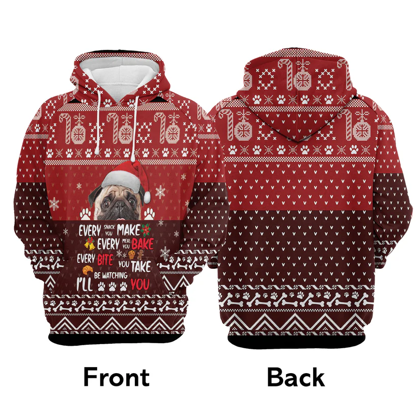 Pug Xmas Premium Christmas Hoodie, I Will Be Watching You Unisex Hoodie For Men & Women - Perfect Gift For Christmas, Pug Lovers - Image 3